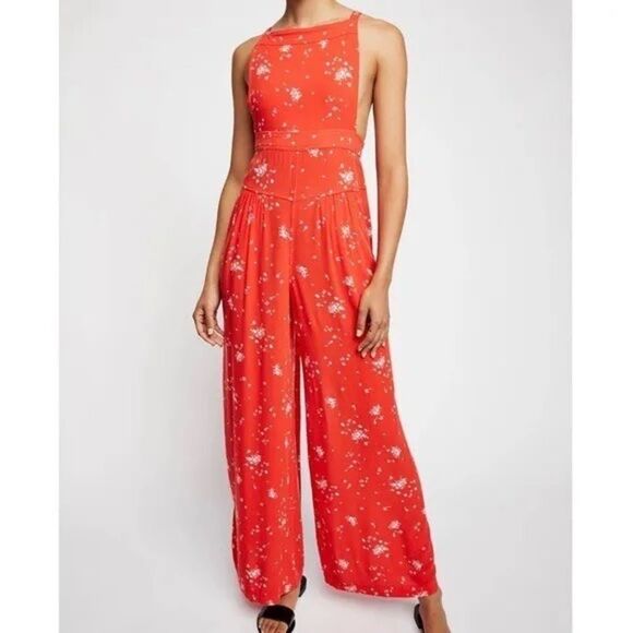 Free People Festive Orange Sweet In The Streets Overalls NWT Size XS - Picture 1 of 16